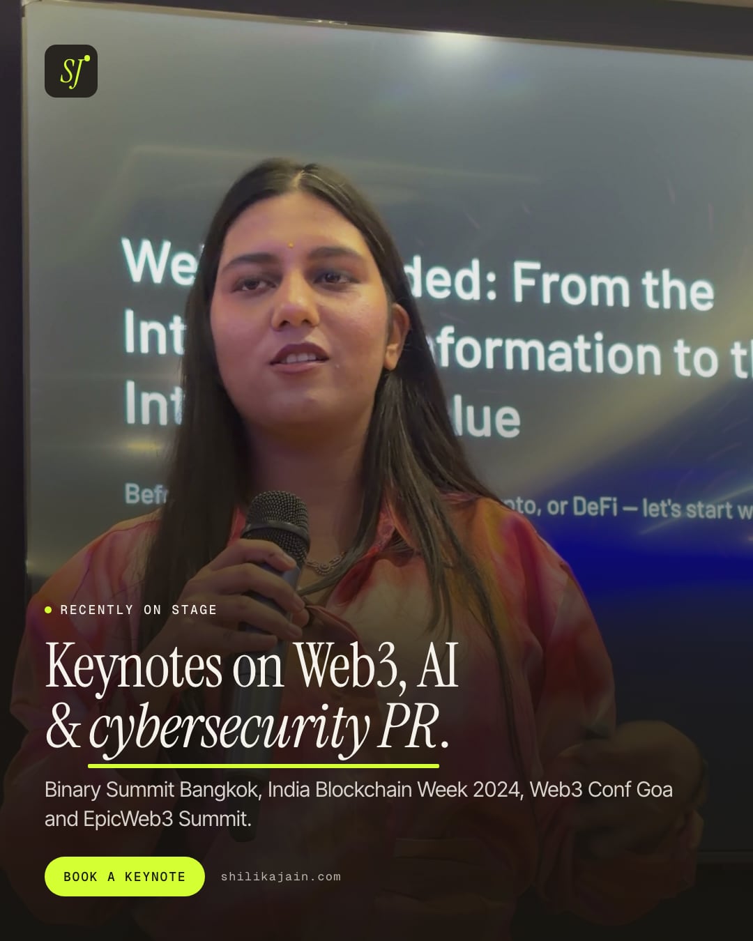 Keynotes on Web3, AI & cybersecurity PR. Binary Summit Bangkok, India Blockchain Week 2024, Web3 Conf Goa and EpicWeb3 Summit. Photo: Shilika Jain smiling mid-talk on stage, microphone in hand.